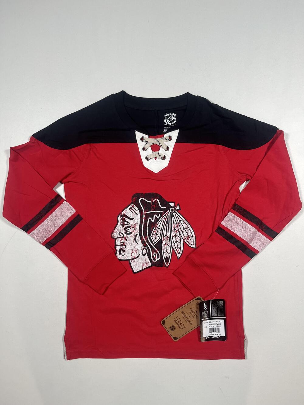 New Chicago Blackhawks Shirt Boys Medium 10/12 Red Lace Up NHL Hockey Outerstuff